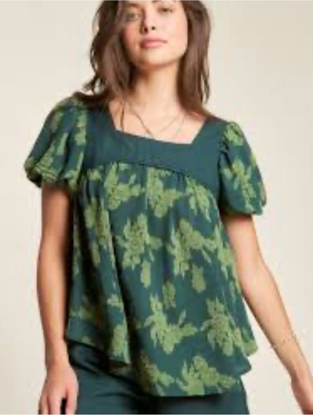 Chic Soul Navy Green Botanical Floral Square Neck Puff Sleeve Babydoll Top 2X